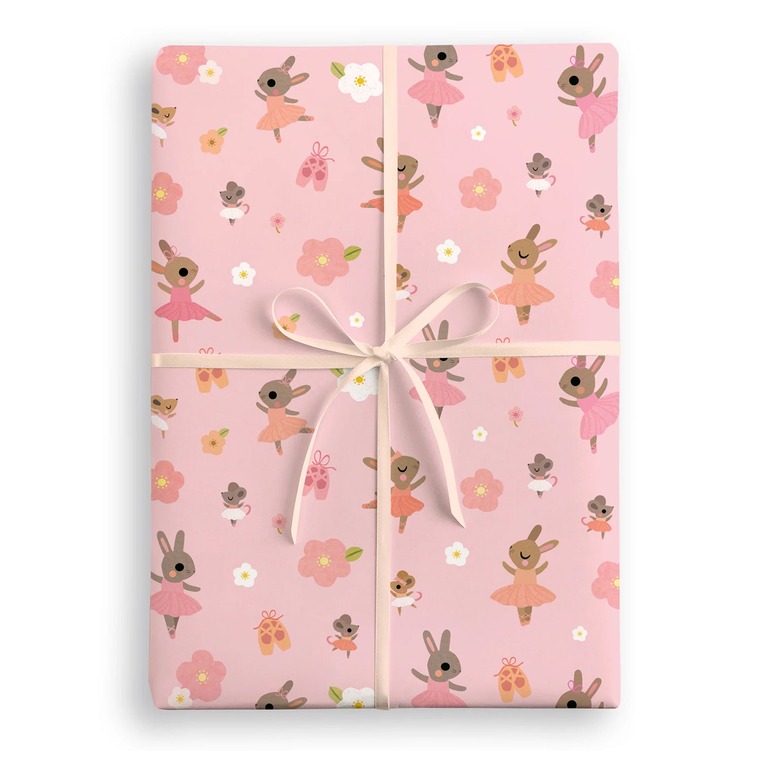 Gift wrap with bunny and flower pattern on a pink background