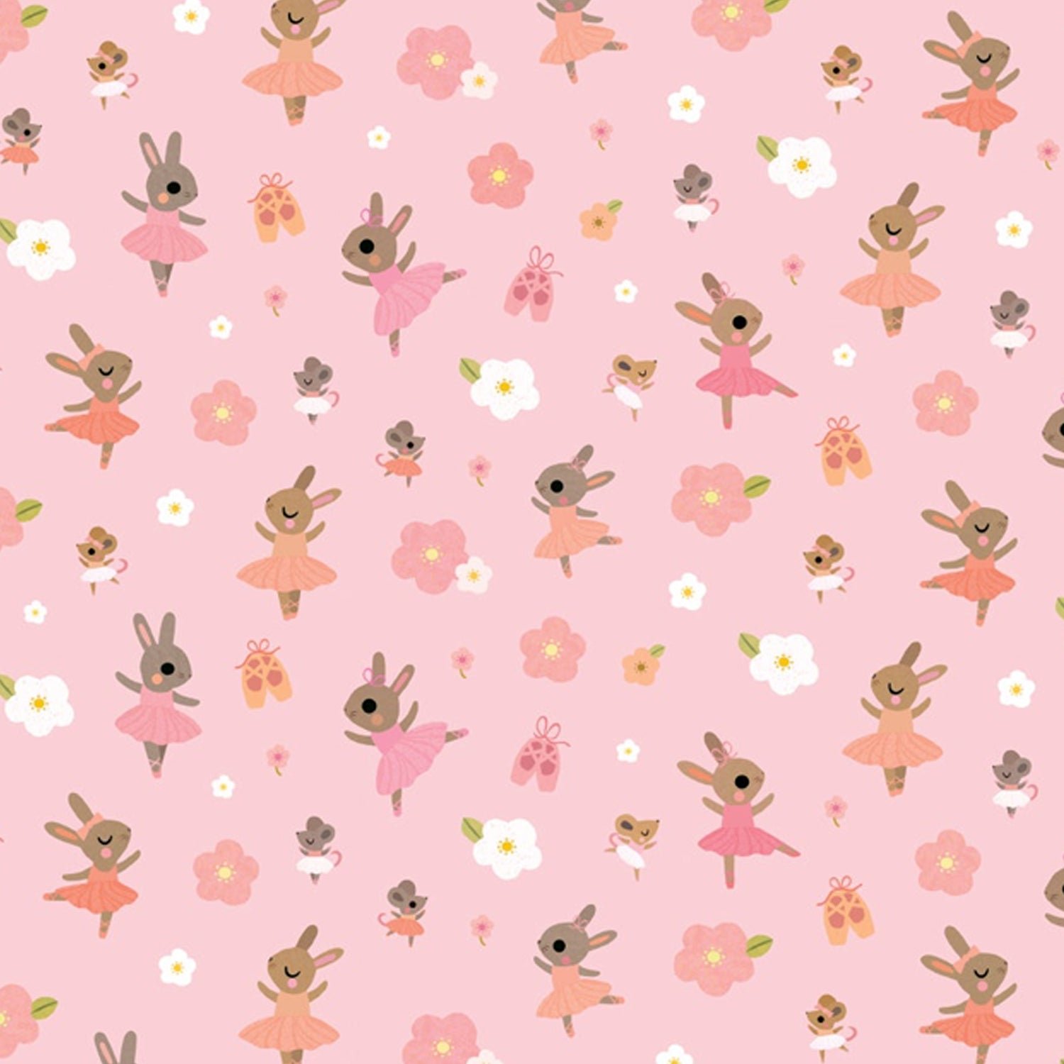 Pattern of ballerina rabbits and flowers on a pink background