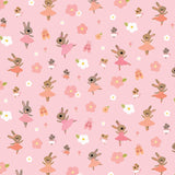 Pattern of ballerina rabbits and flowers on a pink background