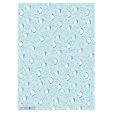 A Patterned blue gift wrap paper sheet with white storks holding a blue bundle  and blie leaves with purple flowers