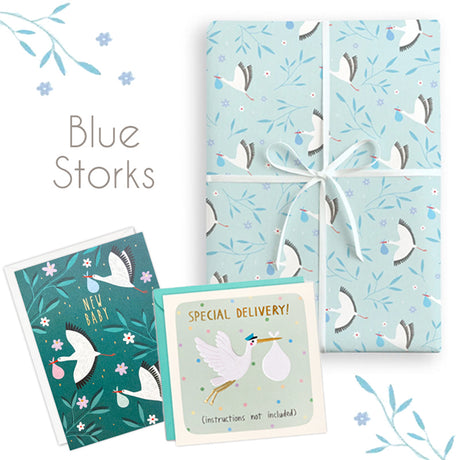 Gift packaging with stork illustrations and text on a light blue and new baby greetings cards 