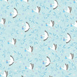 A Patterned of wrap paper with white storks holding a blue bundle and blie leaves with purple flowers on a blue background