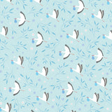 A Patterned of wrap paper with white storks holding a blue bundle and blie leaves with purple flowers on a blue background