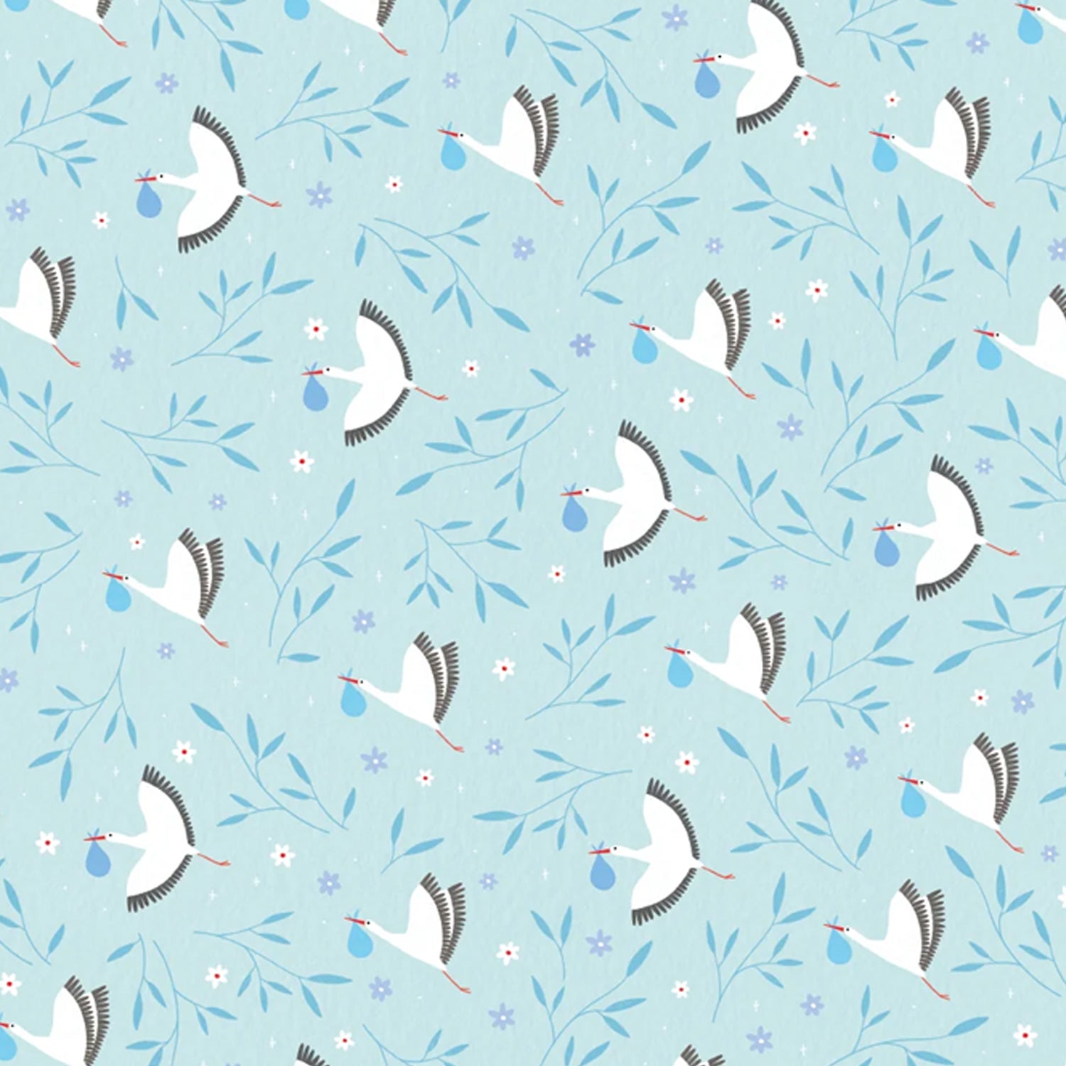 A Patterned of wrap paper with white storks holding a blue bundle and blie leaves with purple flowers on a blue background