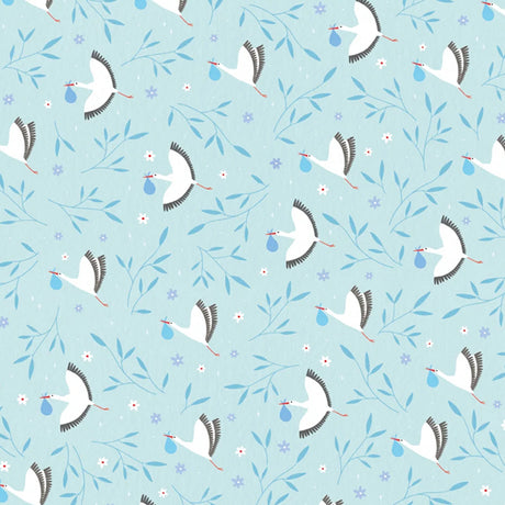 A Patterned of wrap paper with white storks holding a blue bundle and blie leaves with purple flowers on a blue background