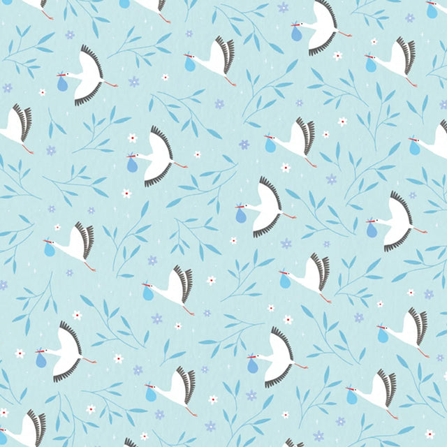 A Patterned of wrap paper with white storks holding a blue bundle and blie leaves with purple flowers on a blue background