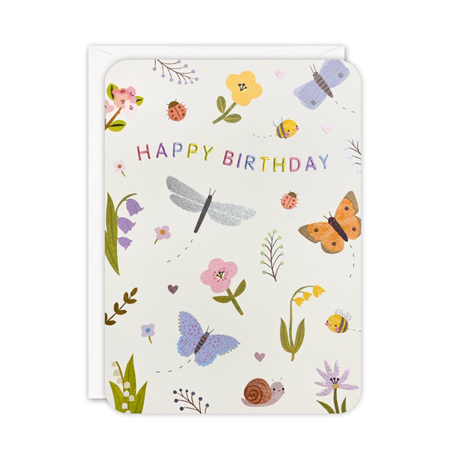 Birthday card with butterflies, flowers, and 'Happy Birthday' text on a white background