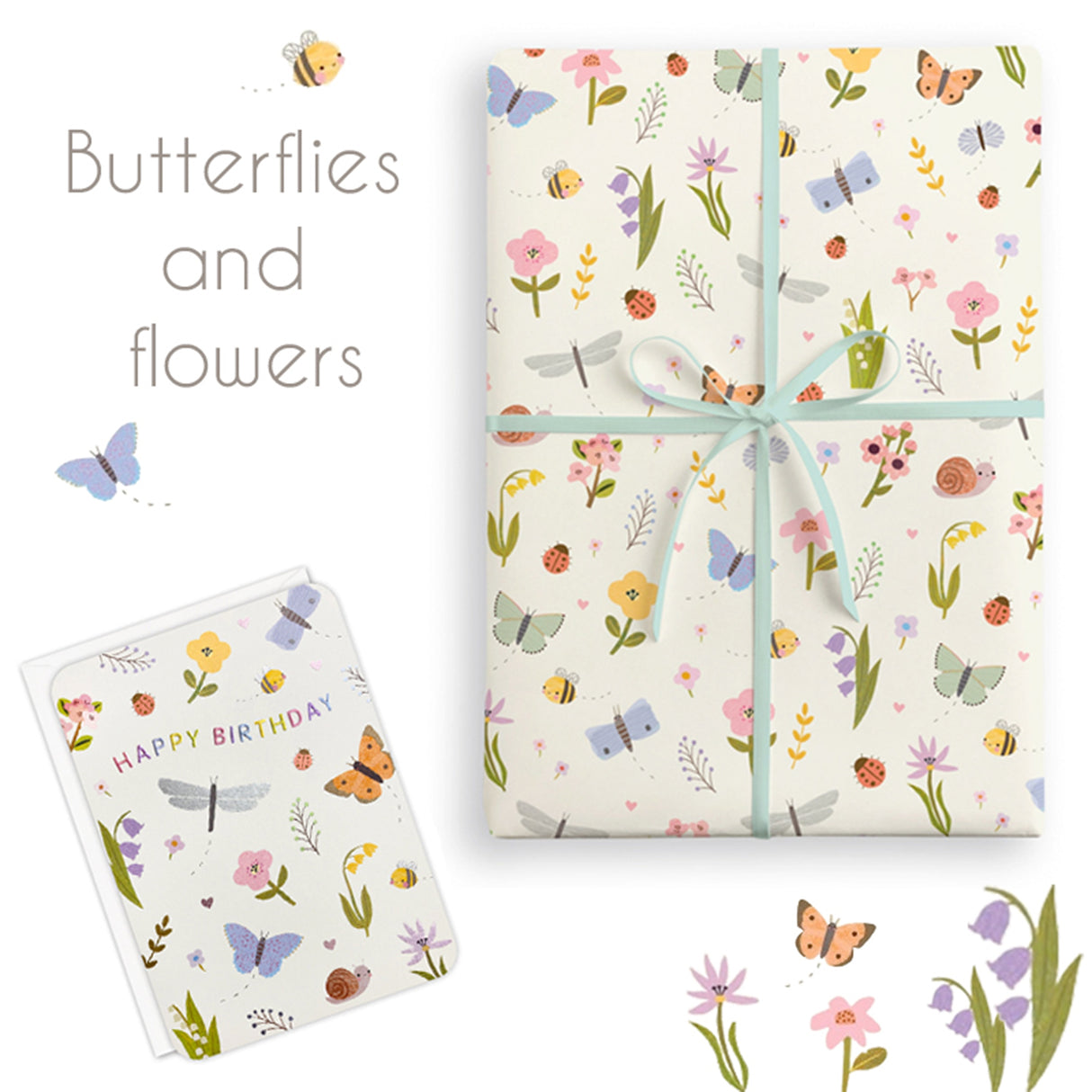Gift wrap with butterfly and flower pattern on a white background