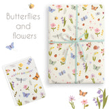 Gift wrap with butterfly and flower pattern on a white background
