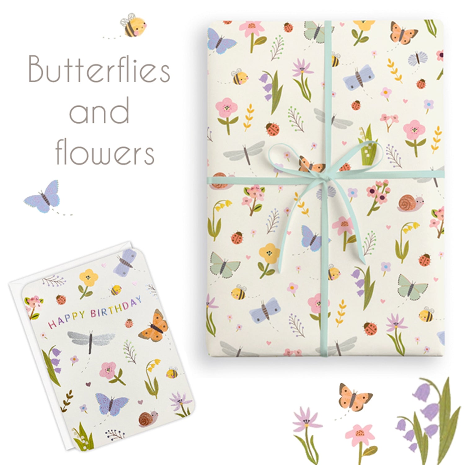 Gift wrap with butterfly and flower pattern on a white background