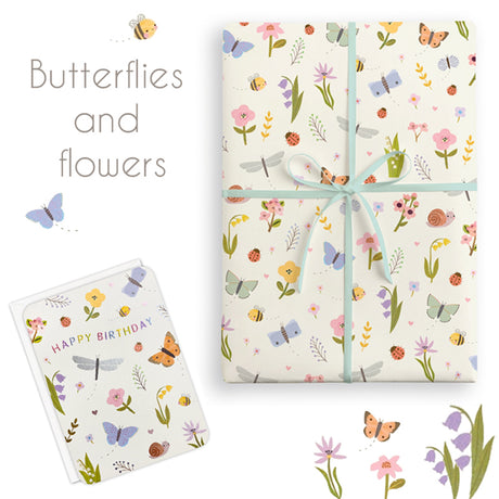 Gift wrap with butterfly and flower pattern on a white background