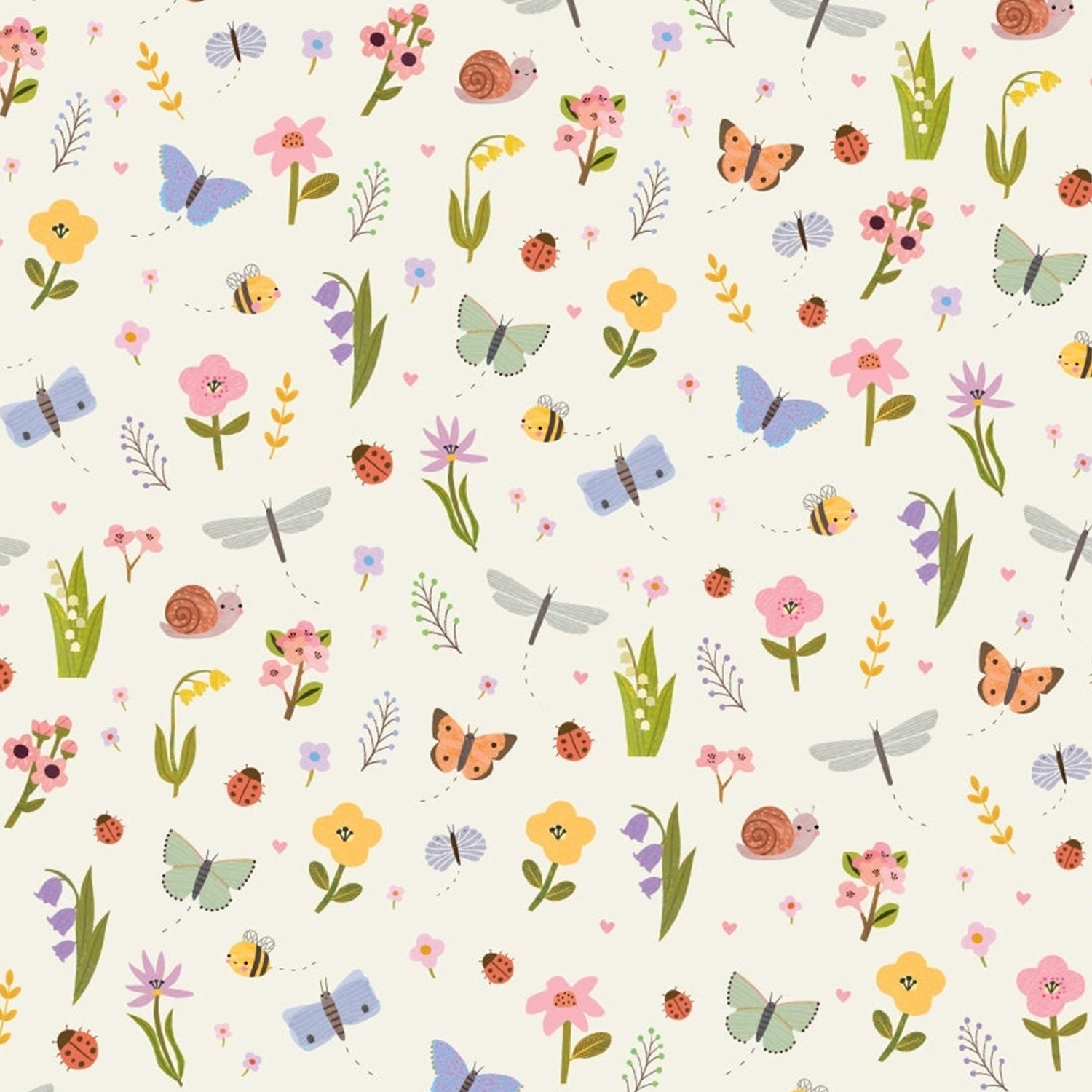 Pattern of flowers, butterflies, and dragonflies on a white background