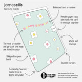 Diagram of a birthday card with floral design, showing features like embossed text, peelable paper clasp, and sustainability details.