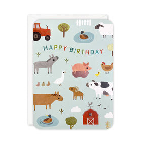 Children's birthday card with farm animal illustrations on a light blue background