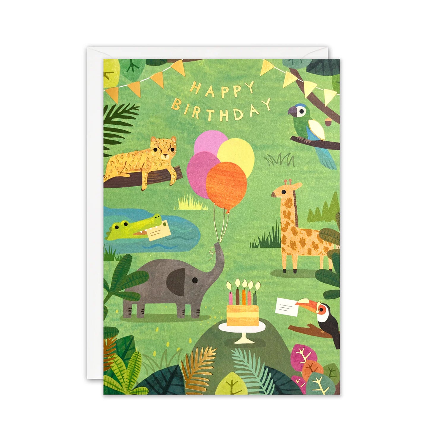 Jungle Birthday card with colourful animals and balloons on a green background
