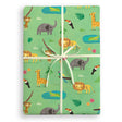Gift box wrapped with jungle-themed paper featuring animals on a white background
