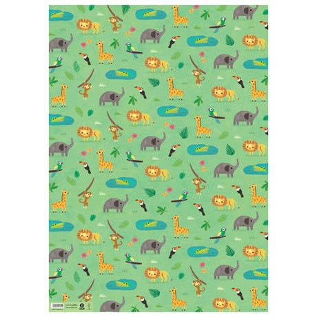 Children's gift paper with a pattern of cartoon jungle animals on a green background