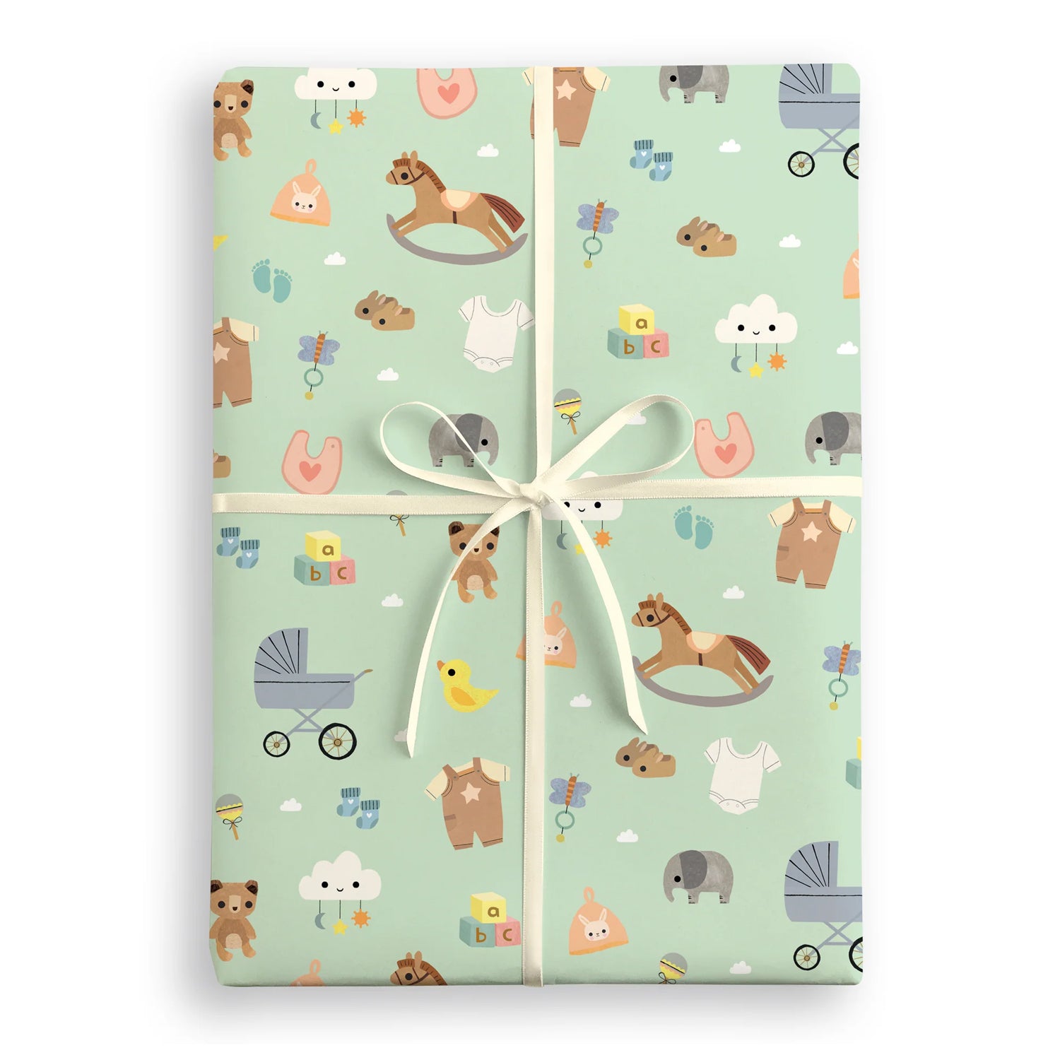 Gift box with a mint green pattern featuring baby-themed illustrations on a white background.