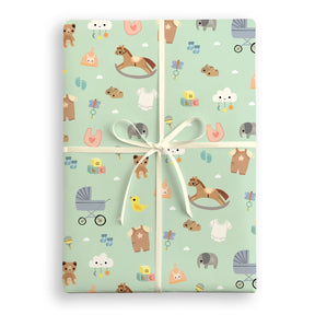 Gift box with a mint green pattern featuring baby-themed illustrations on a white background.