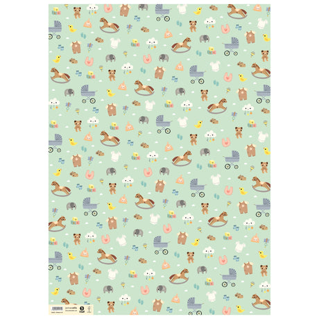 Patterned paper with baby-themed illustrations on a light green background