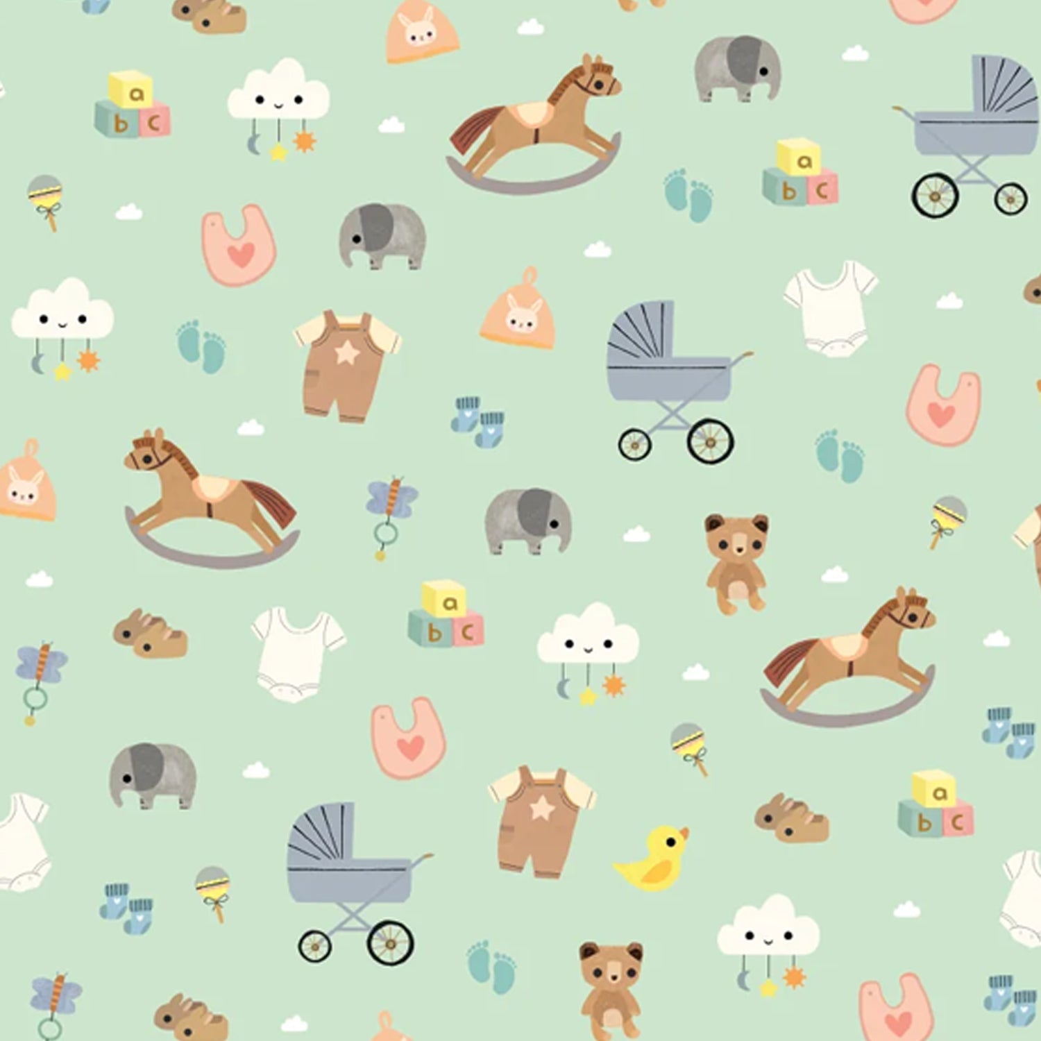 Pattern of baby toys and animals on a light green background