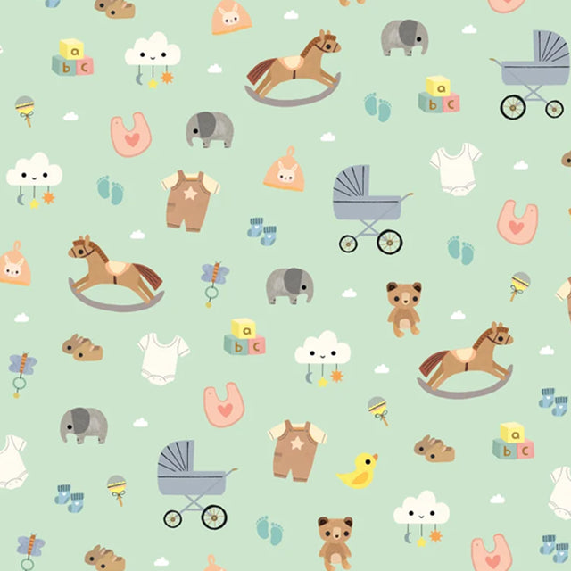 Pattern of baby toys and animals on a light green background