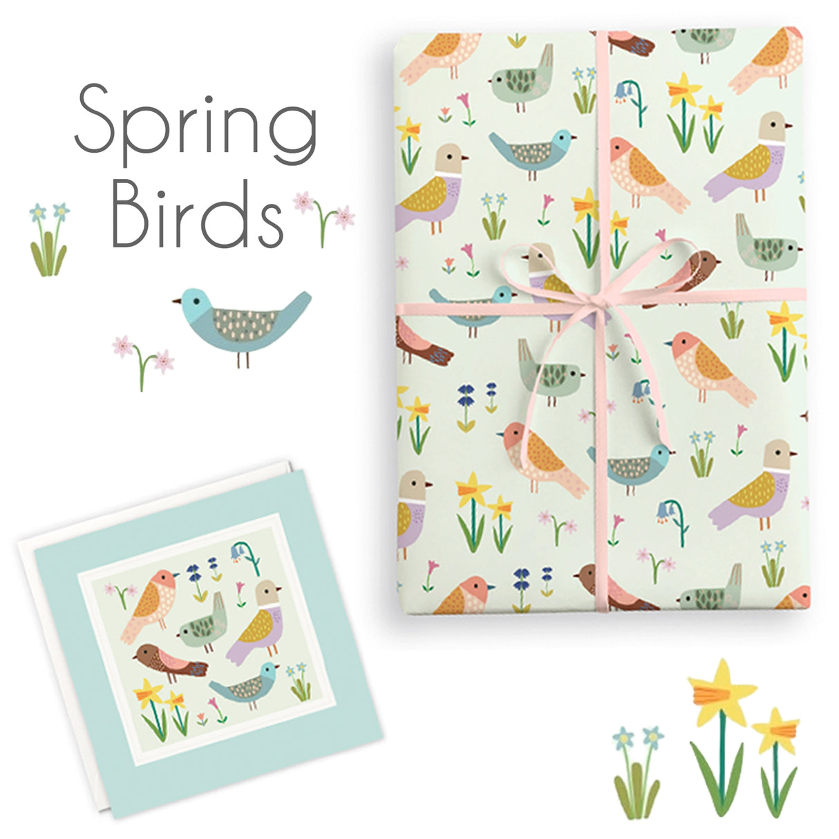 Packaged gift with 'Spring Birds' design featuring birds and flowers, accompanied by a matching card.