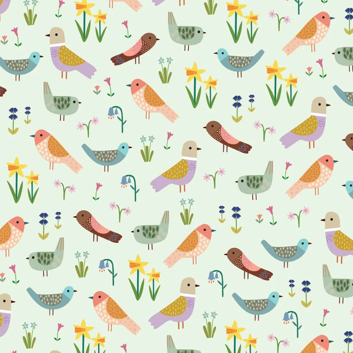 Pattern of colourful birds and spring flowers on a light green background