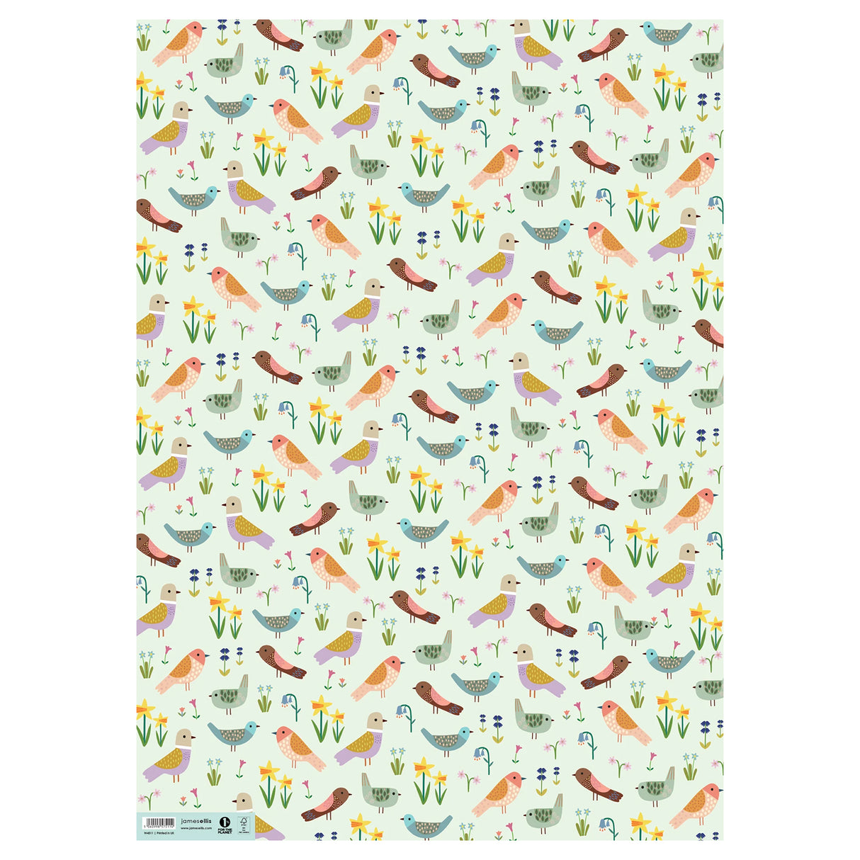 Patterned gift wrap paper with colourful birds and flowers on a light blue background