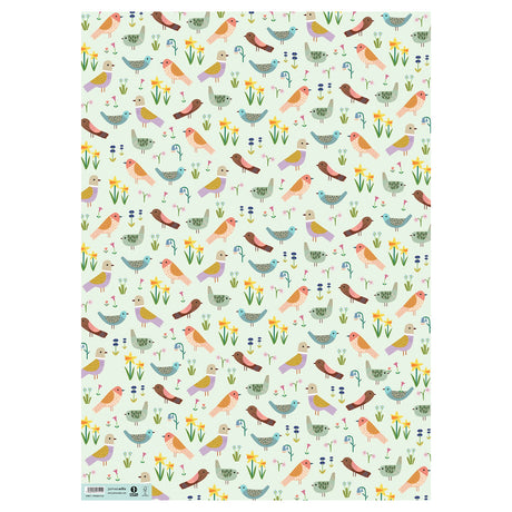 Patterned gift wrap paper with colourful birds and flowers on a light blue background