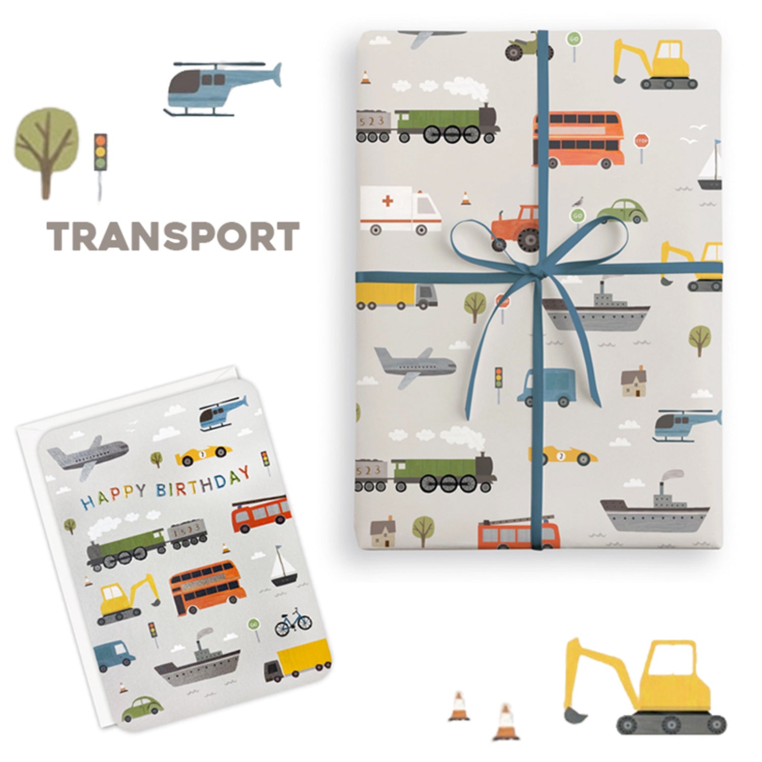 Gift wrap with transport-themed design featuring vehicles and a birthday card.