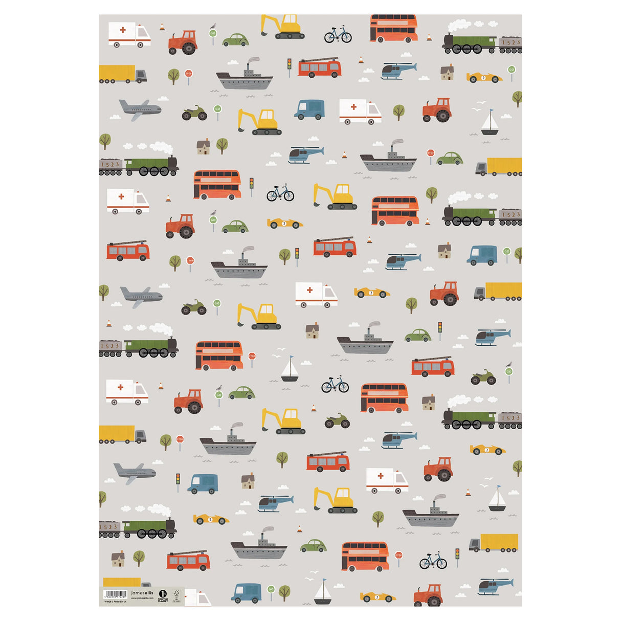 Sheet of gift wrap paper Pattern of various transportation vehicles on a light gray background