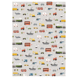 Sheet of gift wrap paper Pattern of various transportation vehicles on a light gray background