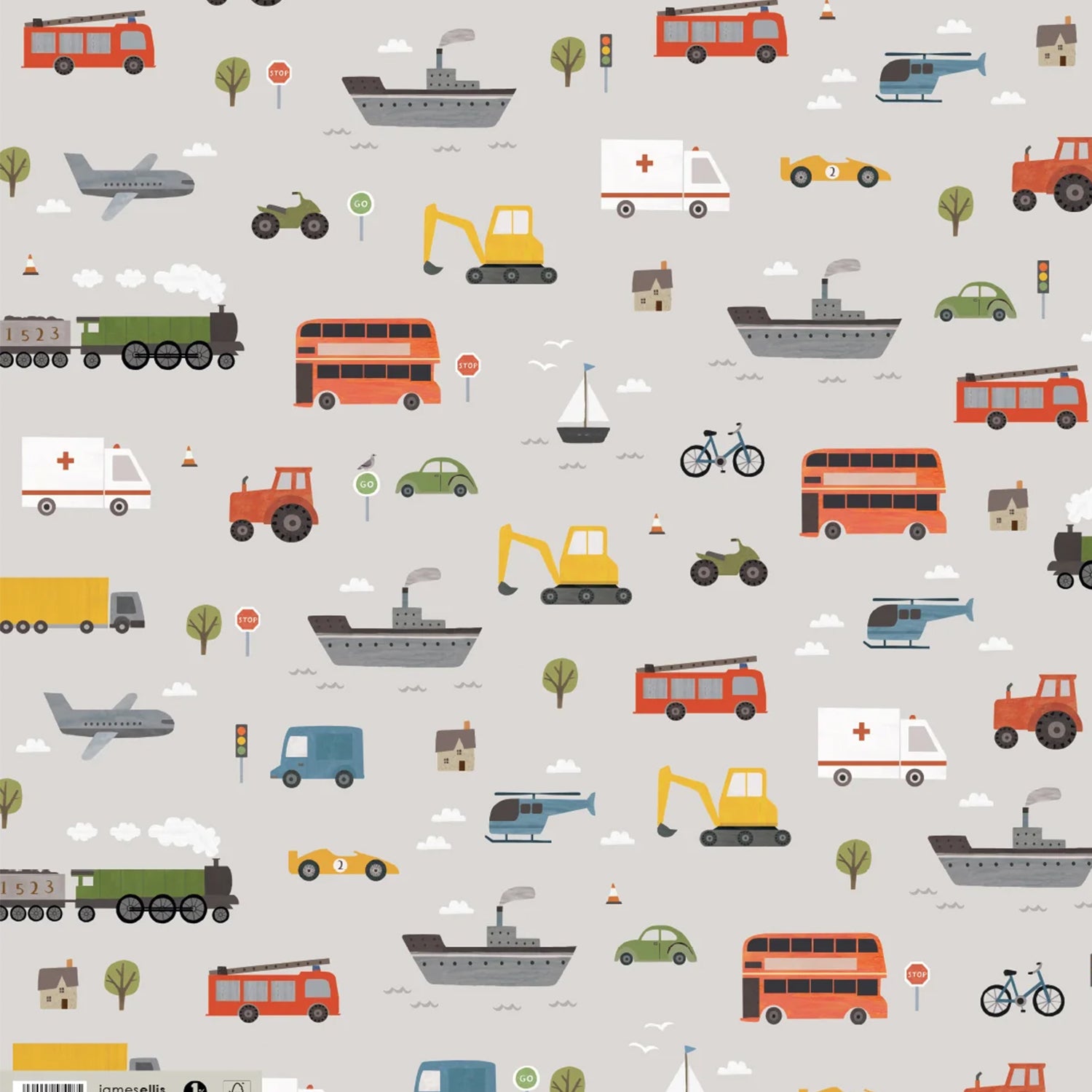 Pattern of various transportation vehicles on a light gray background