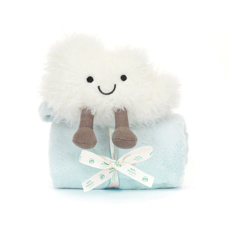 Jellycat Baby comfort blanket with cloud-shaped with smiling face plush toy on a white background