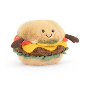 Jellycat Plush toy hamburger with a smiling face on a white background
