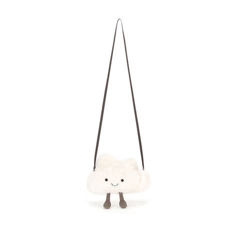 A plush white cloud-shaped bag with a smiling face and grey cordy legs, attached to a grey strap.
