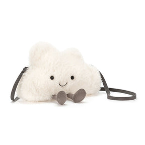 A plush white cloud-shaped bag with a smiling face and grey cordy legs, attached to a grey strap.
