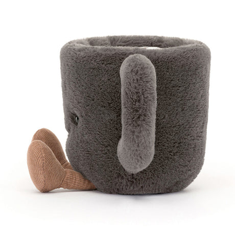 A plush coffee cup toy with a gray exterior, corduroy boots, and a smiling face.