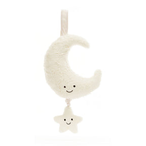 Musical plush toy shaped like a crescent moon with a star hanging from it on a white background