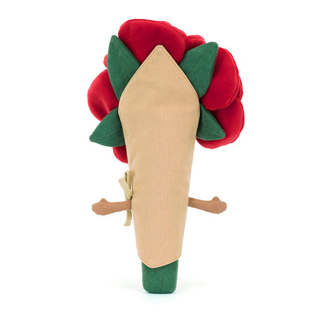 A plush toy bouquet of roses with soft red petals, green leaves, and stems, wrapped in beige linen