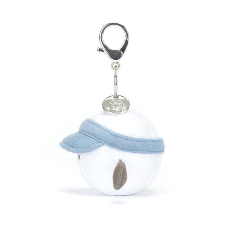 Plush Jellycat golf ball keychain with a blue sun hat and brown arms on a white background