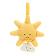 A plush toy in the shape of a sun with a cloud, predominantly in beige and yellow colors, with embroidered eyes and a smiling face.