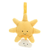 A plush toy in the shape of a sun with a cloud, predominantly in beige and yellow colors, with embroidered eyes and a smiling face.