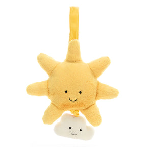 A plush toy in the shape of a sun with a cloud, predominantly in beige and yellow colors, with embroidered eyes and a smiling face.