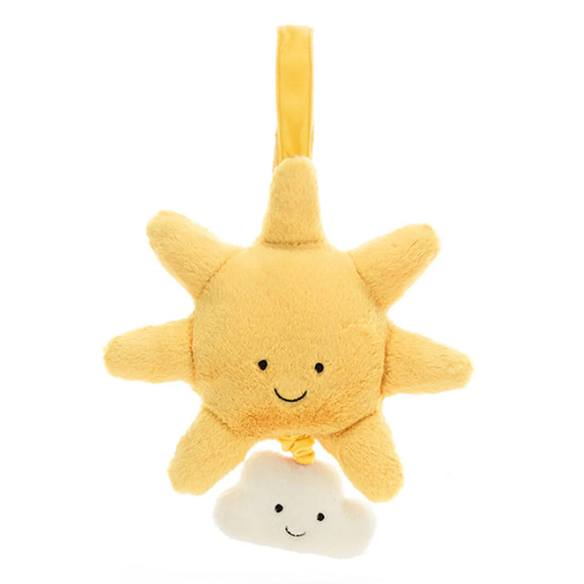 A plush toy in the shape of a sun with a cloud, predominantly in beige and yellow colors, with embroidered eyes and a smiling face.