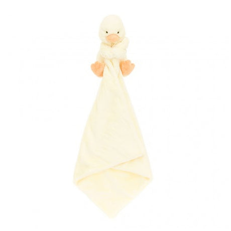 Yellow plush duck baby soother toy on a white background