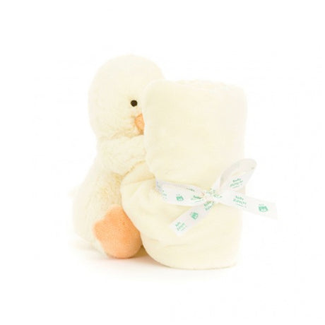 Yellow plush duck baby comforter soother toy on a white background