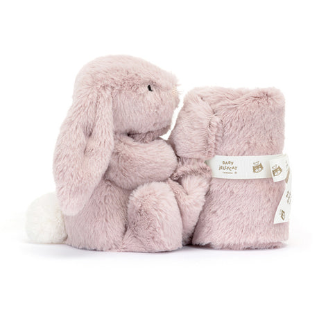 Pink plush bunny with matching blanket on a white background