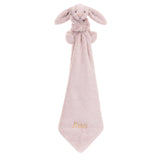Rose pink plush bunny baby soother blanket on a white background